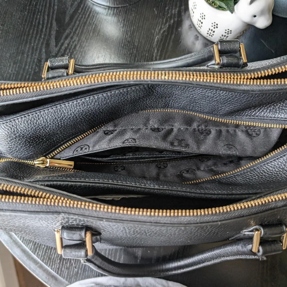 Tory Burch Black Leather Tote with Gold Accents - Picture 3 of 11